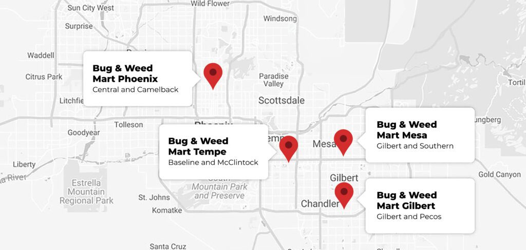 Map of Bug Weed Mart Phoenix, Tempe, Mesa, and Gilbert Locations